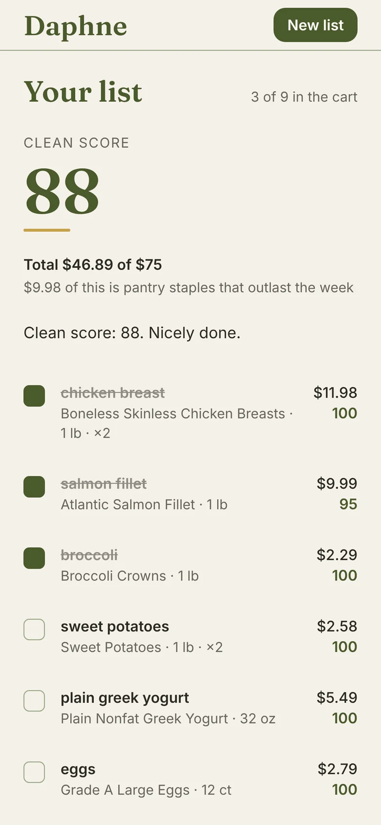 A shopping list with items checked off as they go in the cart.